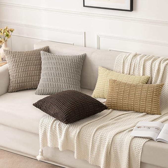 MIULEE Pack of 2 Corduroy Decorative Euro Sham Throw Pillow Covers 22x22 Inch Soft Boho Striped Pillow Covers Modern Farmhouse Home Decor for Sofa Living Room Couch Bed Light Brown