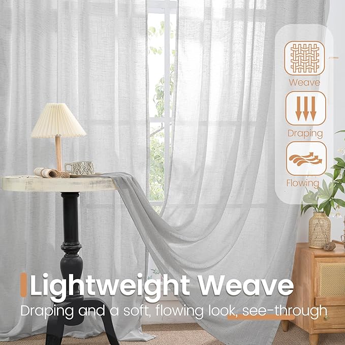 BGment Light Grey Linen Curtains 45 Inch Length for Short Window - Rod Pocket Small Drapes Textured Light Filtering for Cafe Bedroom Semi Sheer Lightweight Natural Rustic, 2 Panels Set, 42 X 45 Inch