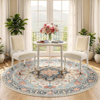 RELEANY Area Rugs 5ft Washable Non-Slip, Floral Vintage Distress Print Pattern Medallion Carpet for Living Room Bedroom Dining Room, Beige Navy Blue Orange Colorful