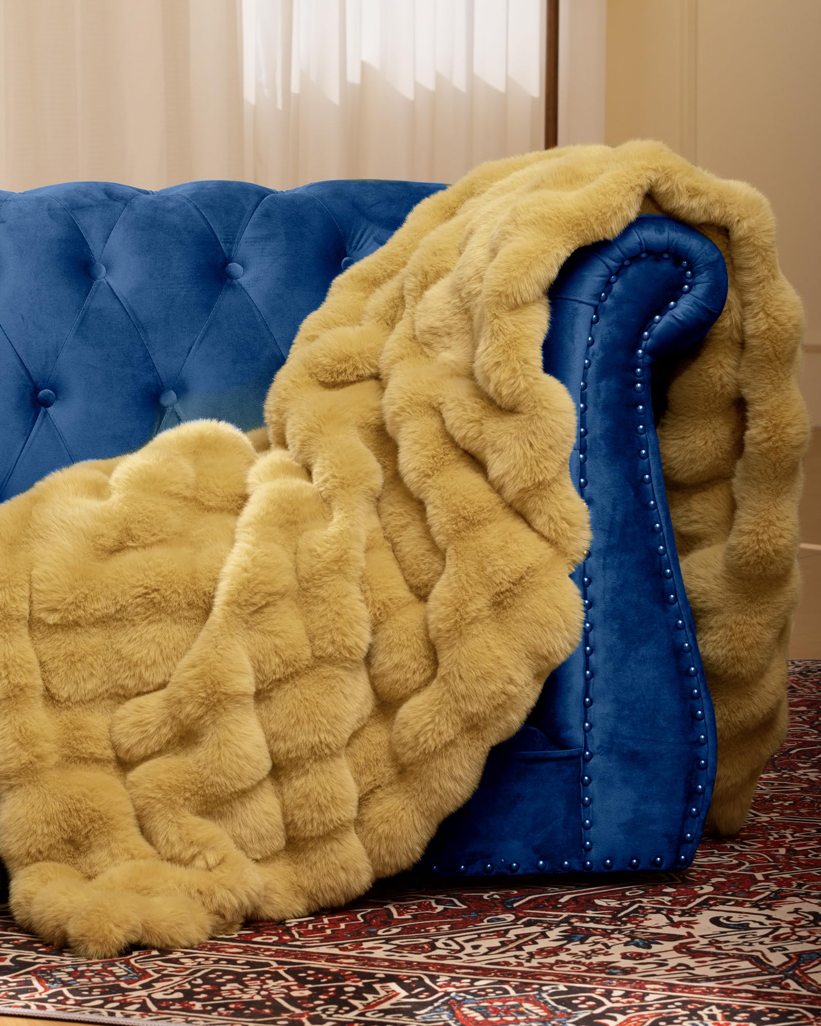 blunique Ultra Soft Cozy Faux Fur Throw Blanket, Fuzzy Plush Thick Bubble Blanket, Oversize Luxury Fluffy Blanket for Couch, Sofa, Bedroom, and Living Room,50x60 Inches, Dark Yellow