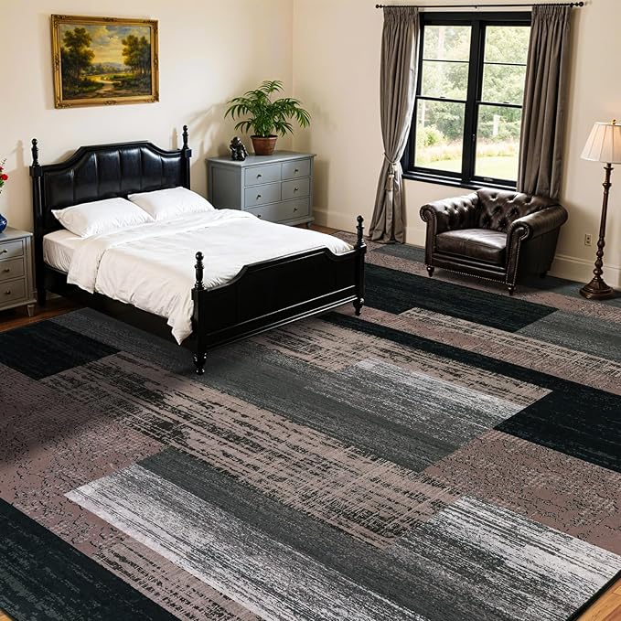 LIANLAM 8x10 Washable Area Rugs for Living Room and Bedroom, Vintage Checkered Pattern Non-Slip Carpet, Stain Resistant Low Pile Soft Rug for Dining Room,Office,Nursery,Kids Room(8x10,Chocolate)