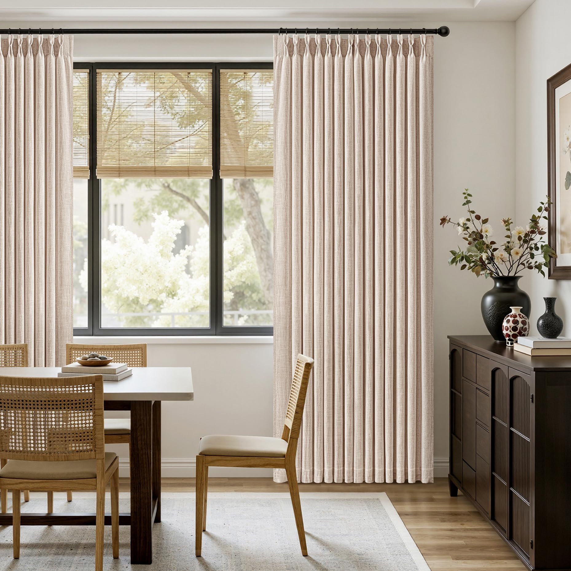 MIULEE Pinch Pleated Linen Curtains 90 Inches Long Sand Beige with Hooks