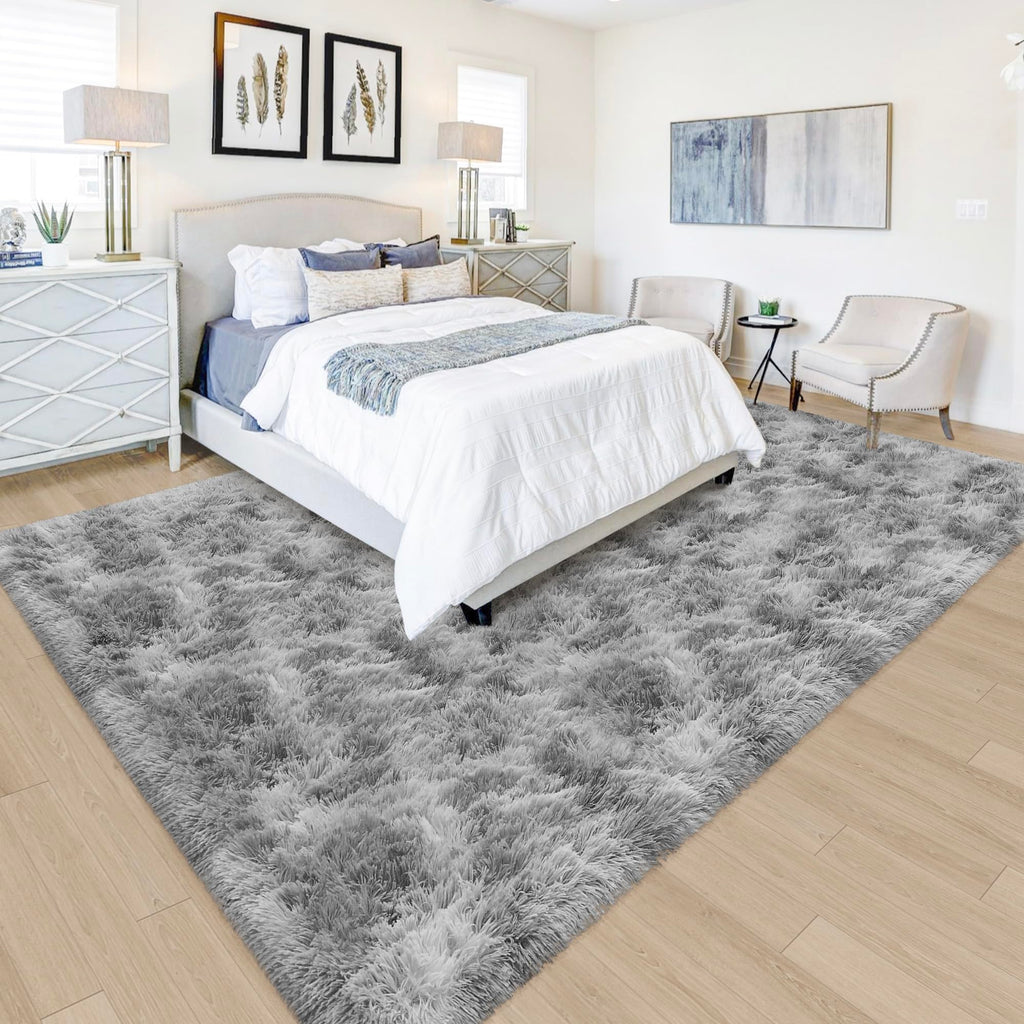 JiaoBaba Tie Dye Grey Rug for Living Room 5x8ft Fluffy Modern Shag Area Rug Mat Bedside Throw Rug for Bedroom Kids Room Boys Teens Nursery Baby Dorm Office Home Decor Soft and Cozy Carpets