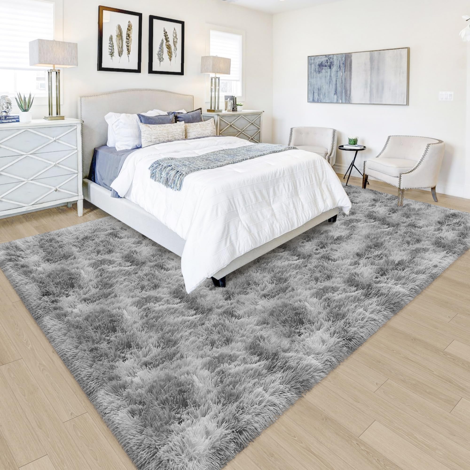 JiaoBaba Tie Dye Grey Rug for Living Room 5x8ft Fluffy Modern Shag Area Rug Mat Bedside Throw Rug for Bedroom Kids Room Boys Teens Nursery Baby Dorm Office Home Decor Soft and Cozy Carpets