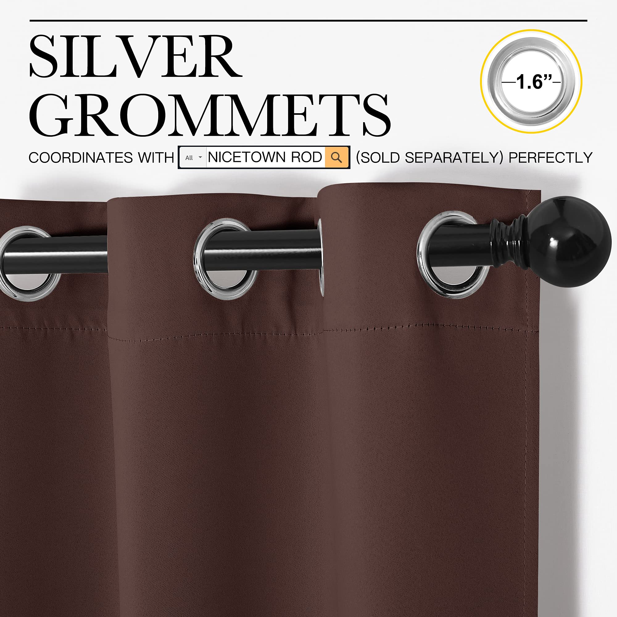 NICETOWN Nursery Essential Thermal Insulated Solid Grommet Top Blackout Curtains, Home Decoration Privacy Curtains for Bedroom (Chocolate Brown, 1 Pair, 42 x 63 inches)
