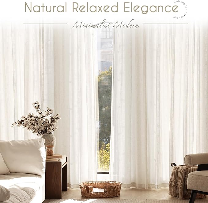 Cream Linen Curtains 72 inch Long 2 Panel Set for Living Room Back Tab Rod Pocket Semi Sheer Light Filtering Bedroom Window Curtain 72 inch Length Modern Farmhouse Neutral Ivory Linen Drapes 60x72
