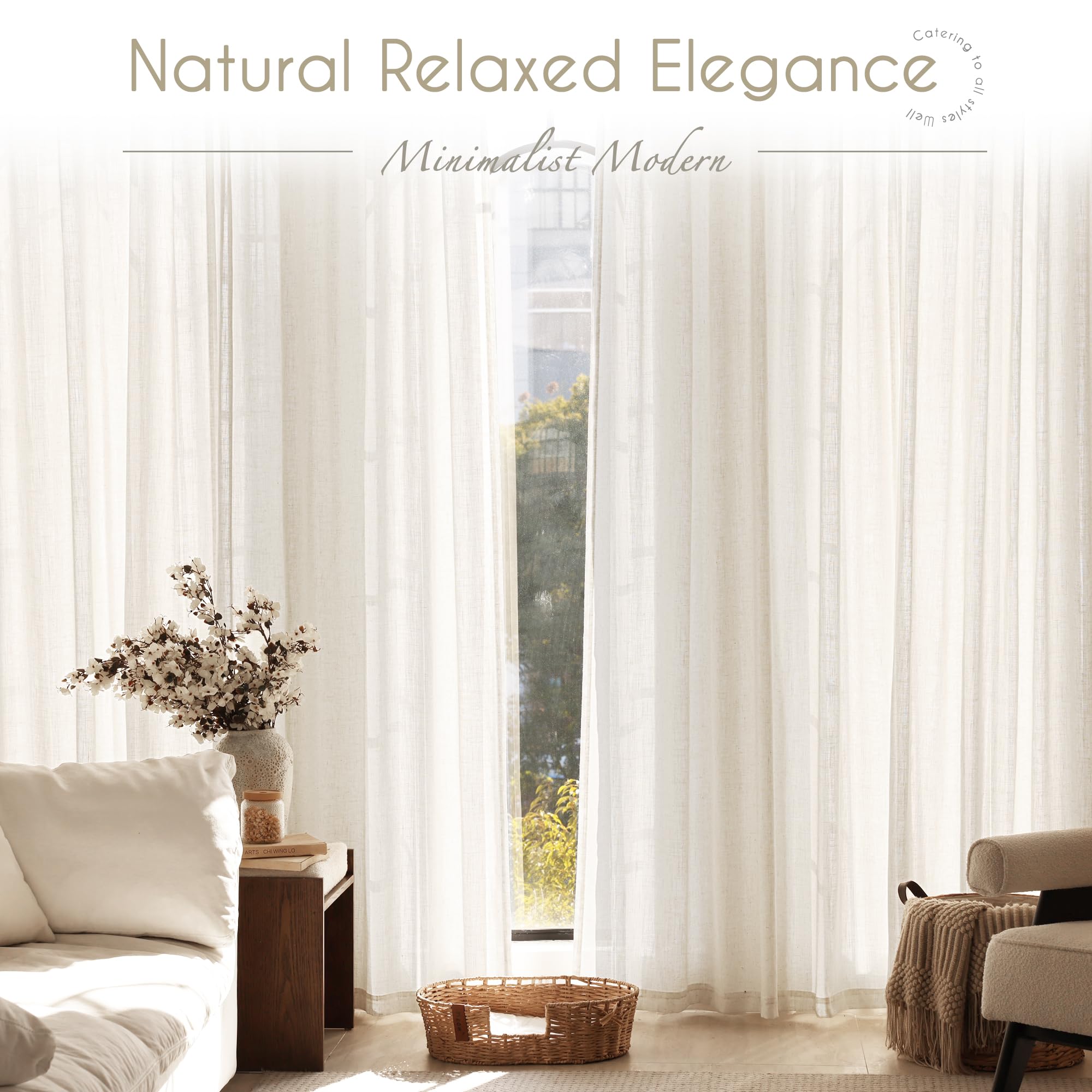 2 Panels Set Cream Linen Curtains 132 inches Long For Living Room Neutral Farmhouse Light Filtering Semi Sheer Linen Drapes 132 inch Ceiling To Floor For Large Window Villa Hallway Ivory FT 60x132