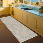 Hazo Haus Non Slip Beige Blue Hallway Runner Rug - Long Runner Rugs 2x7 Washable Kitchen Floor Mat, Laundry Room Rug, Bathroom Runner - Vintage Design Décor