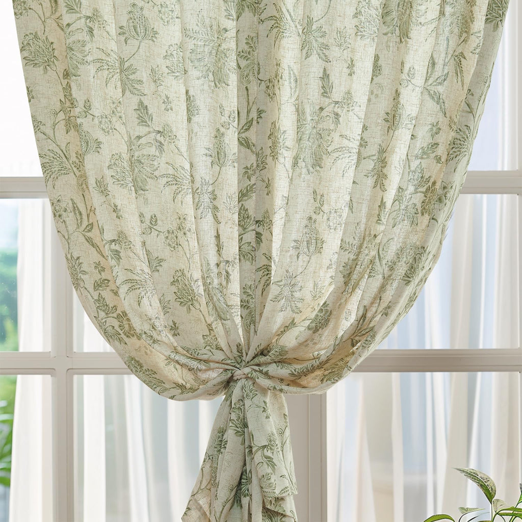 jinchan Linen Floral Curtains for Living Room with Printed Flower 108 Inches Long Light Filtering Extra Long Back Tab Rod Pocket Sage Green Window Curtain Set Farmhouse Drapes, 2 Panels