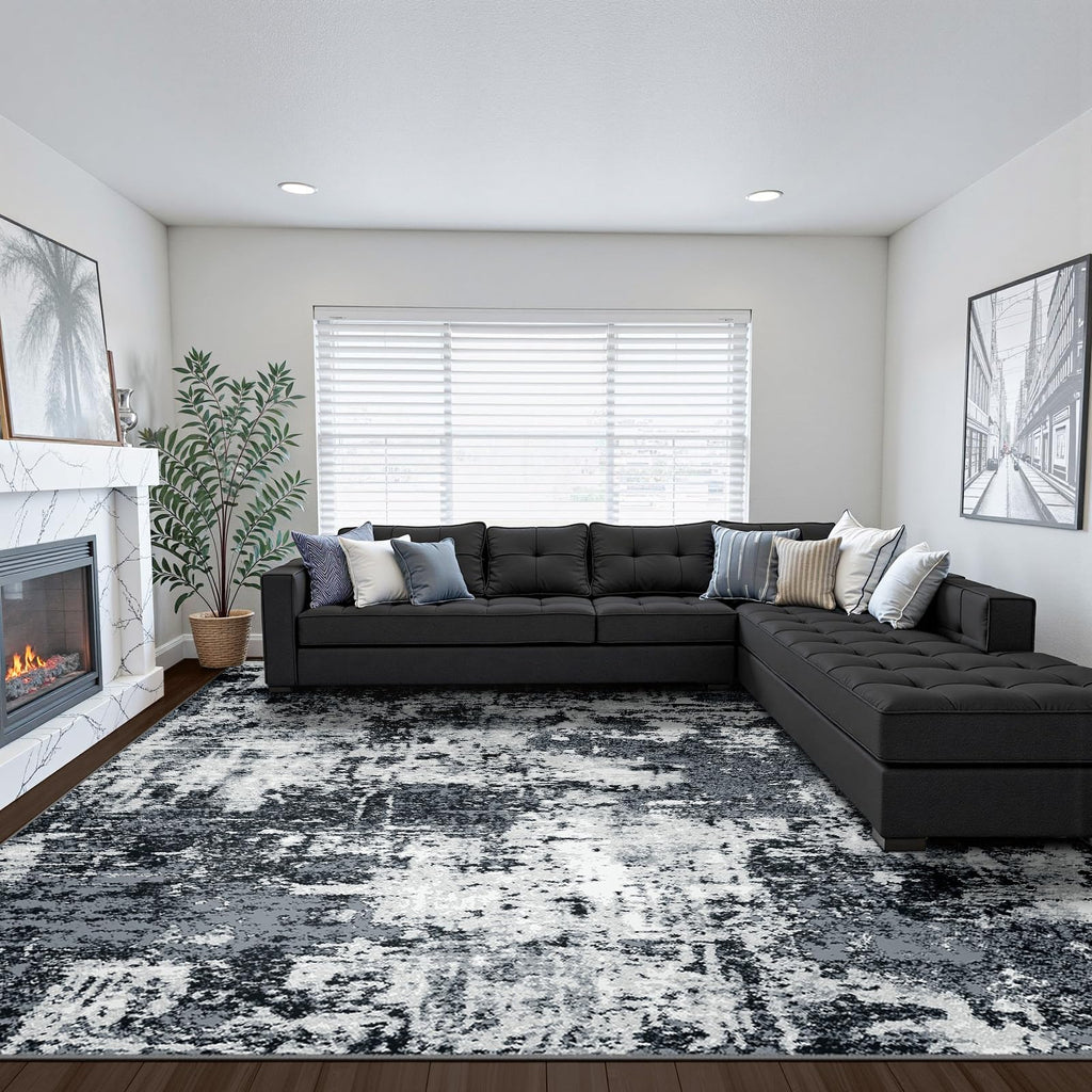 RELEANY Washable 8'x10' Abstract Area Rug for Living Room Black White