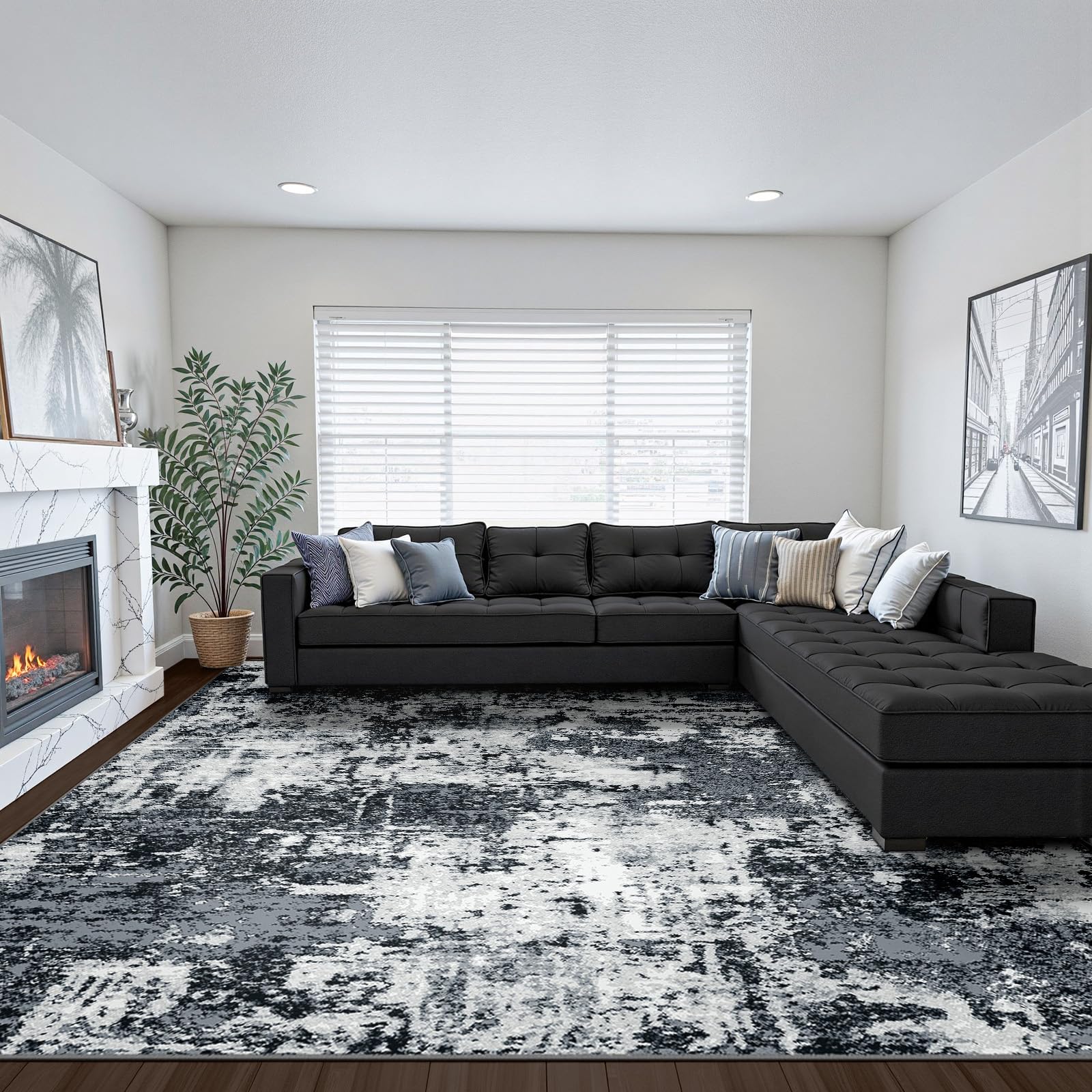 RELEANY Washable 8'x10' Abstract Area Rug for Living Room Black White
