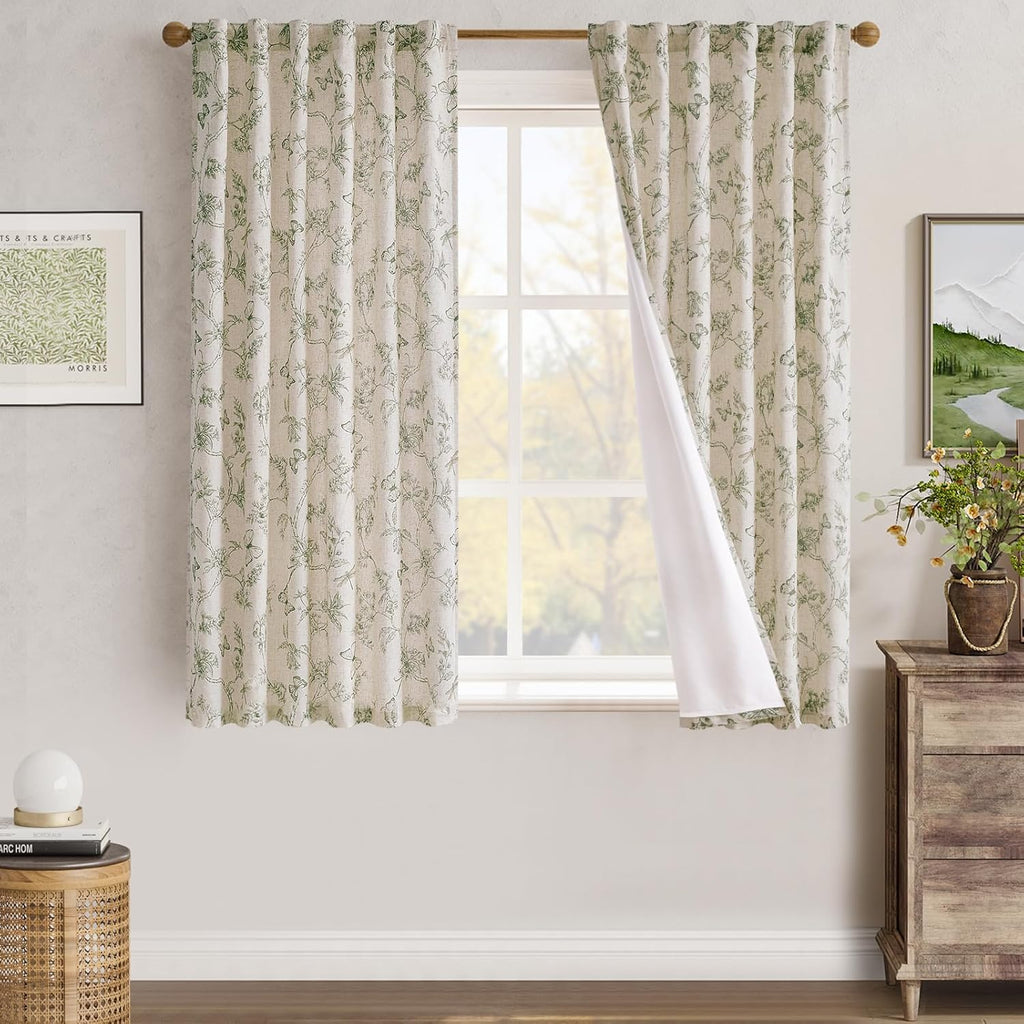 jinchan Green Floral Linen Curtains Lined 63 Inch Vintage Back Tab 2 Panels