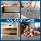 OLANLY Dog Door Mat for Muddy Paws 36x24, Paw Print Design, Absorbs Moisture and Dirt, Absorbent Non-Slip Washable Doormat, Quick Dry Chenille Mud Mat for Dogs, Entry Indoor Entryway Carpet, Grey