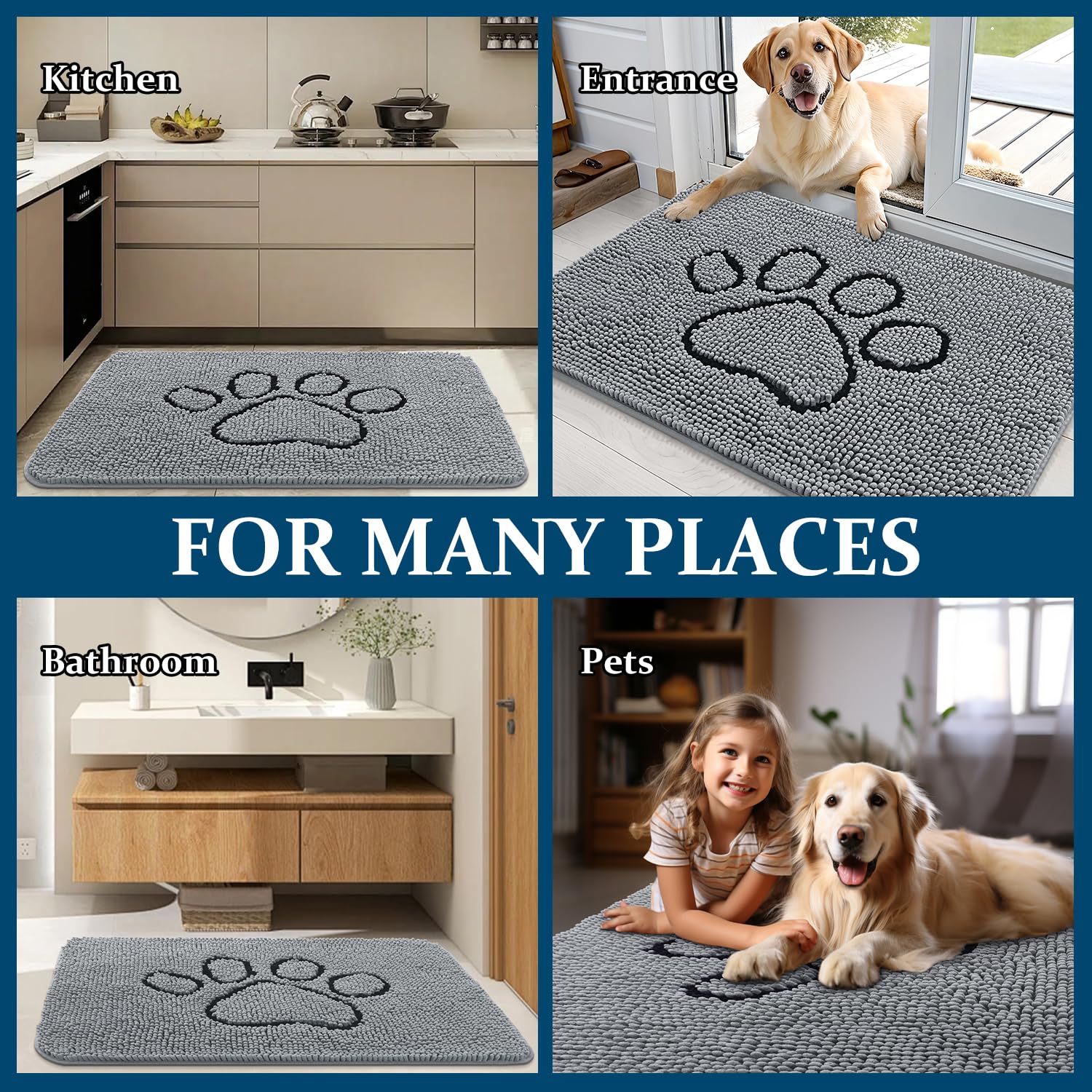 OLANLY Dog Door Mat for Muddy Paws 34x21, Paw Print Design Chenille Mud Mat