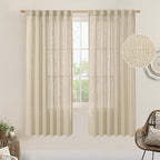 LAMIT Light Filtering Linen Curtains 68 inches Long for Bedroom, Faux Linen Textured Semi Sheer Back Tab and Rod Pocket Boho Modern Drapes for Living Room/Farmhouse, Linen, 2 Panels, 52 x 68 Inch