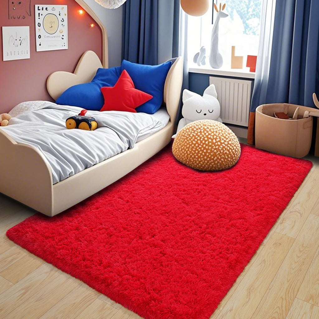 Pionblank Fluffy Area Rug for Bedroom 4x6 Feet, Indoor Plush Carpet, Red