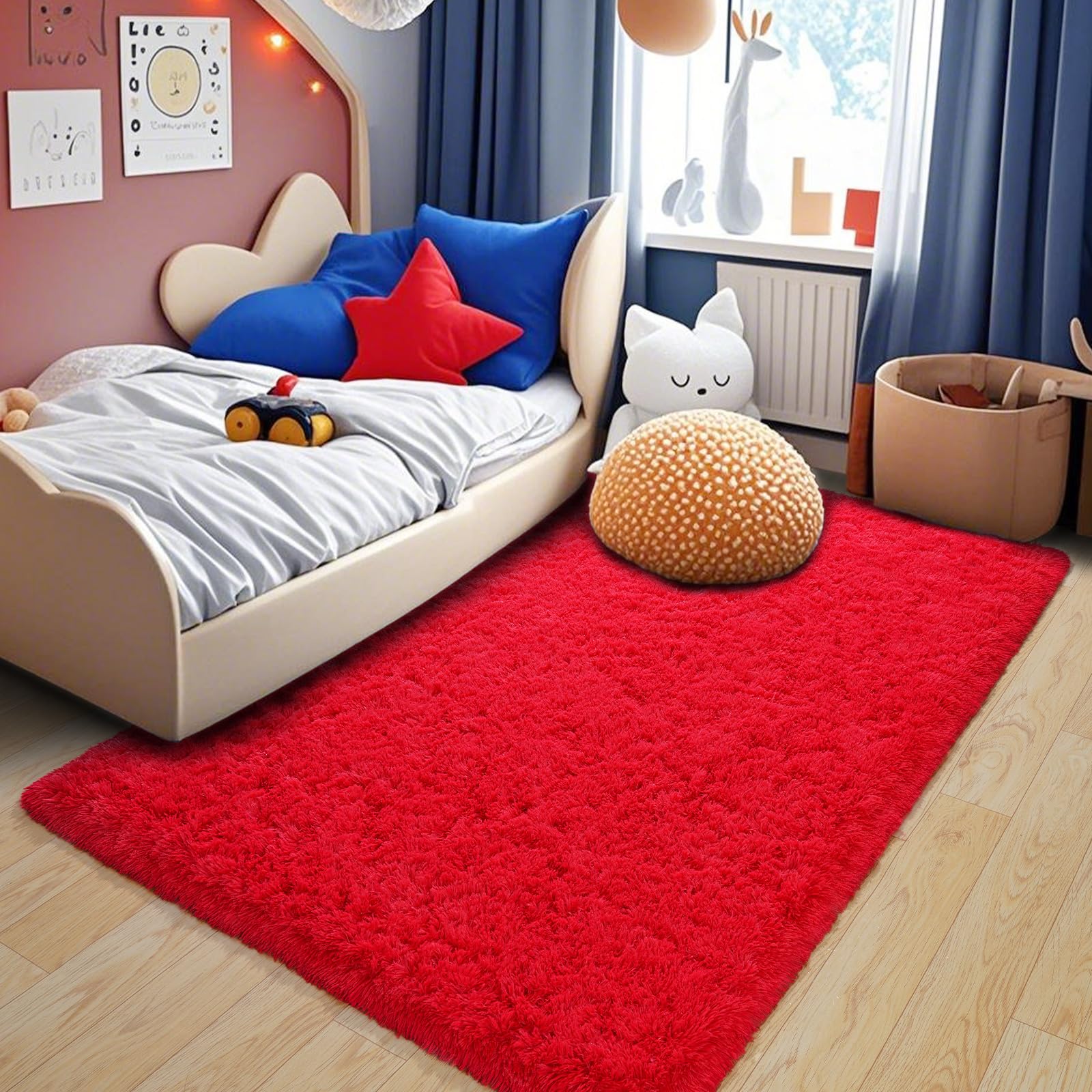 Pionblank Fluffy Area Rug for Bedroom 4x6 Feet, Indoor Plush Carpet, Red