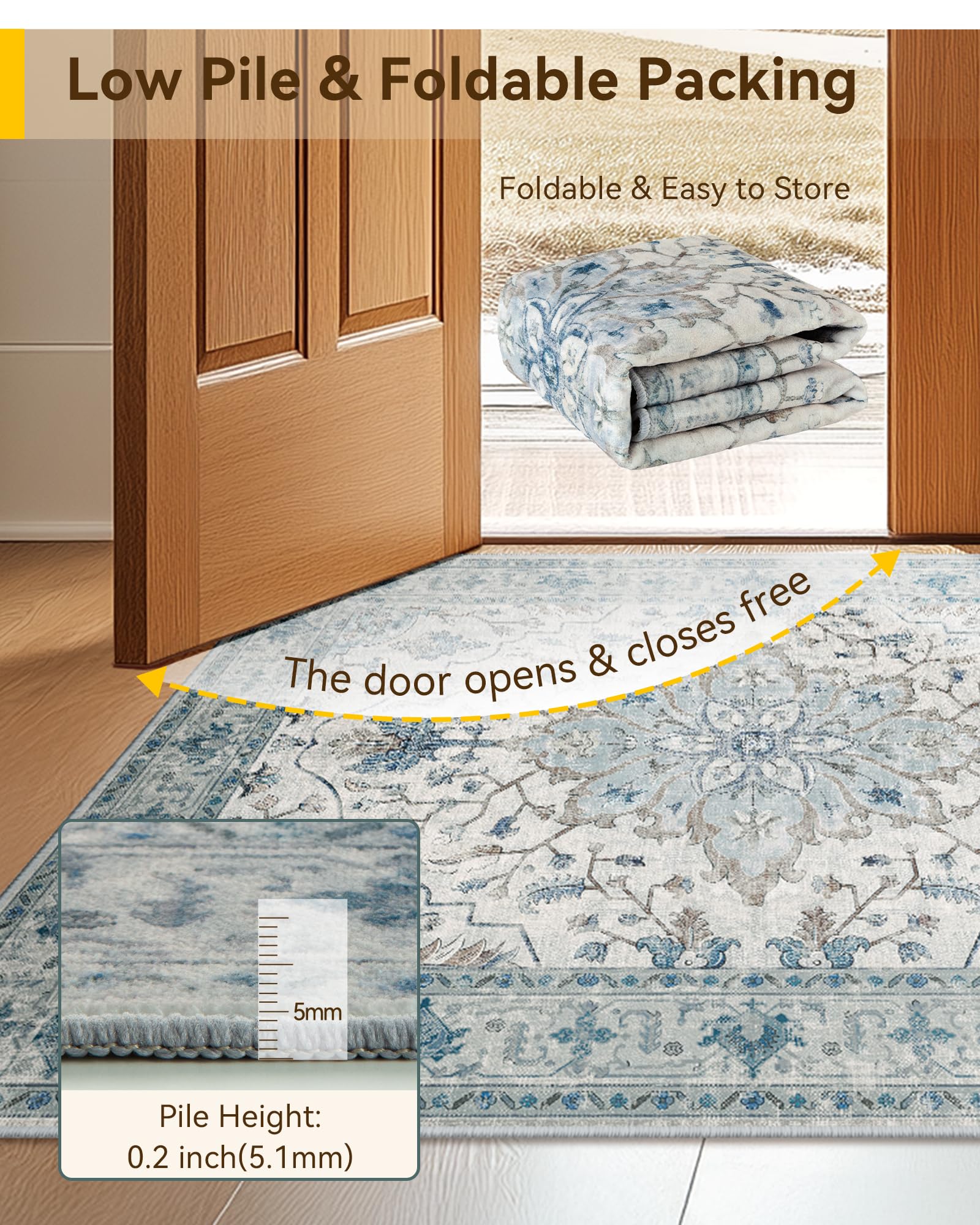 RELEANY Washable Area Rug, Runner 3'x7', Blue/White/Gray