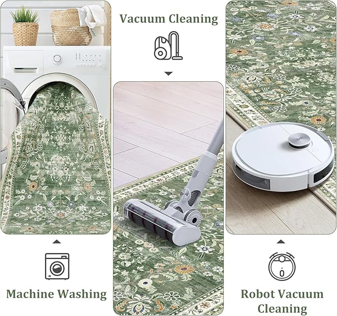 Yamaziot Washable Runner Rug 2x5 – Non Slip Boho Floral Hallway Runner Rug with Rubber Backing, Low Pile Faux Wool Distressed Carpet for Kitchen, Laundry, Bedroom, Entrance, Green