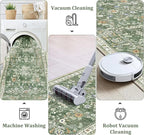 Yamaziot Washable Runner Rug 3x8 – Large Floral Non Slip Boho Hallway Runner Rug with Rubber Backing, Low Pile Faux Wool Distressed Carpet for Kitchen, Laundry, Bedroom, Entrance, Green
