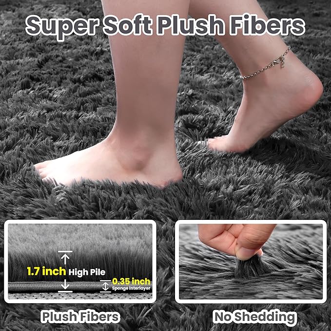 8x10 Fluffy Shag Area Rugs for Living Room Bedroom: Soft Plush Carpet Grey