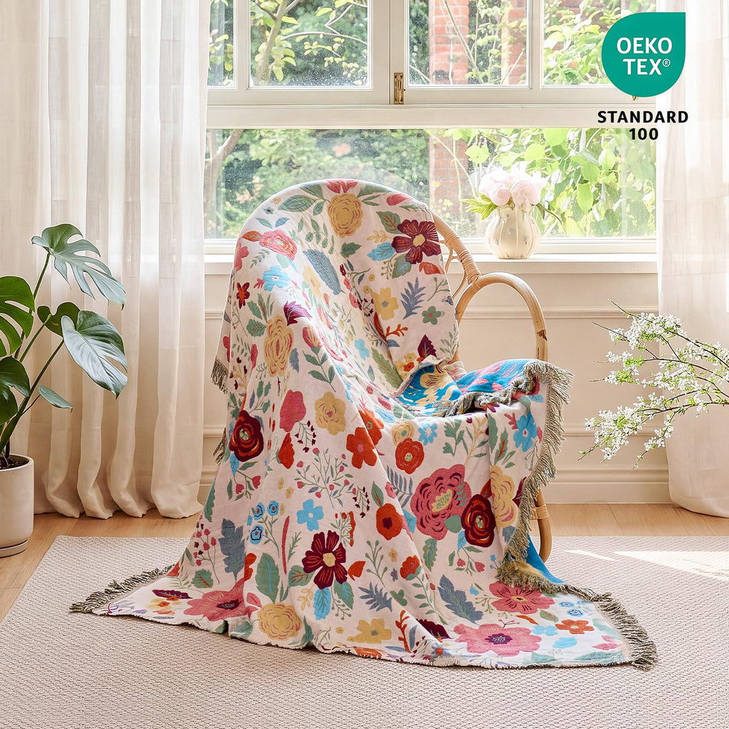 MSGKV Boho Throw Blanket 50"x60" Summer Cotton Floral Blanket for Couch