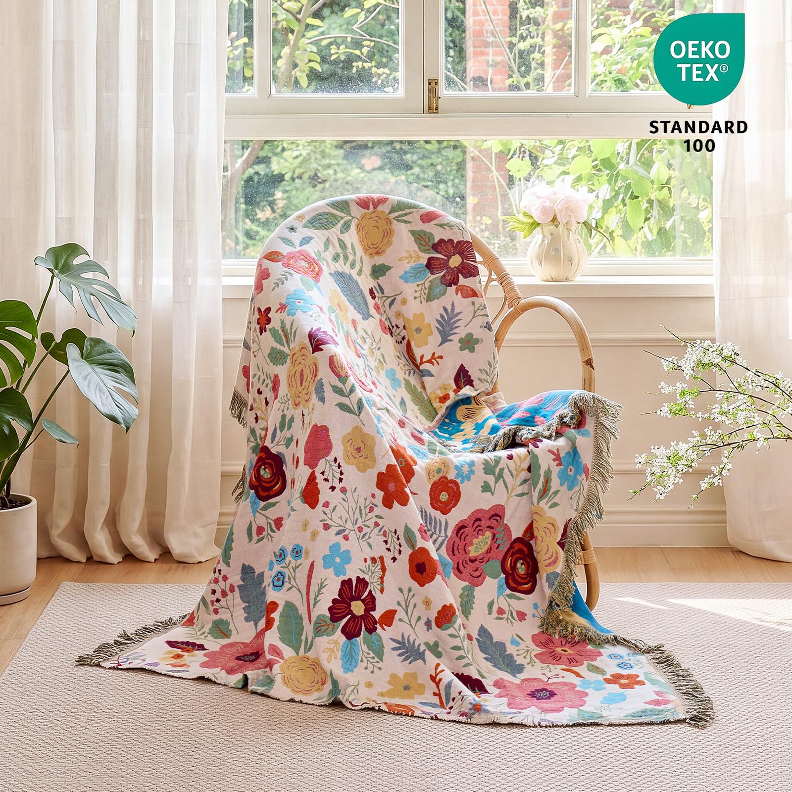 MSGKV Boho Throw Blanket 50"x60" Summer Cotton Floral Blanket for Couch