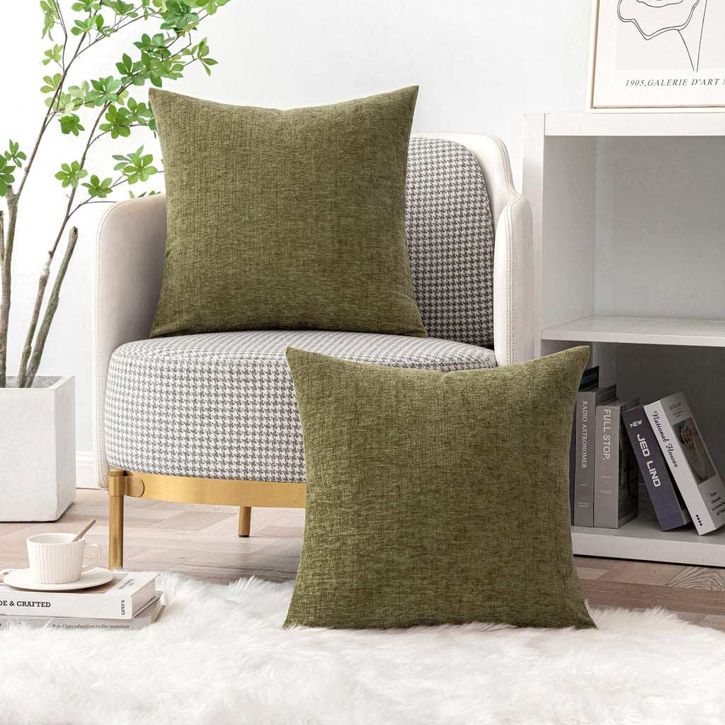 MIULEE Soft Chenille Throw Pillow Covers Olive Green 18x18 Inch Pack of 2