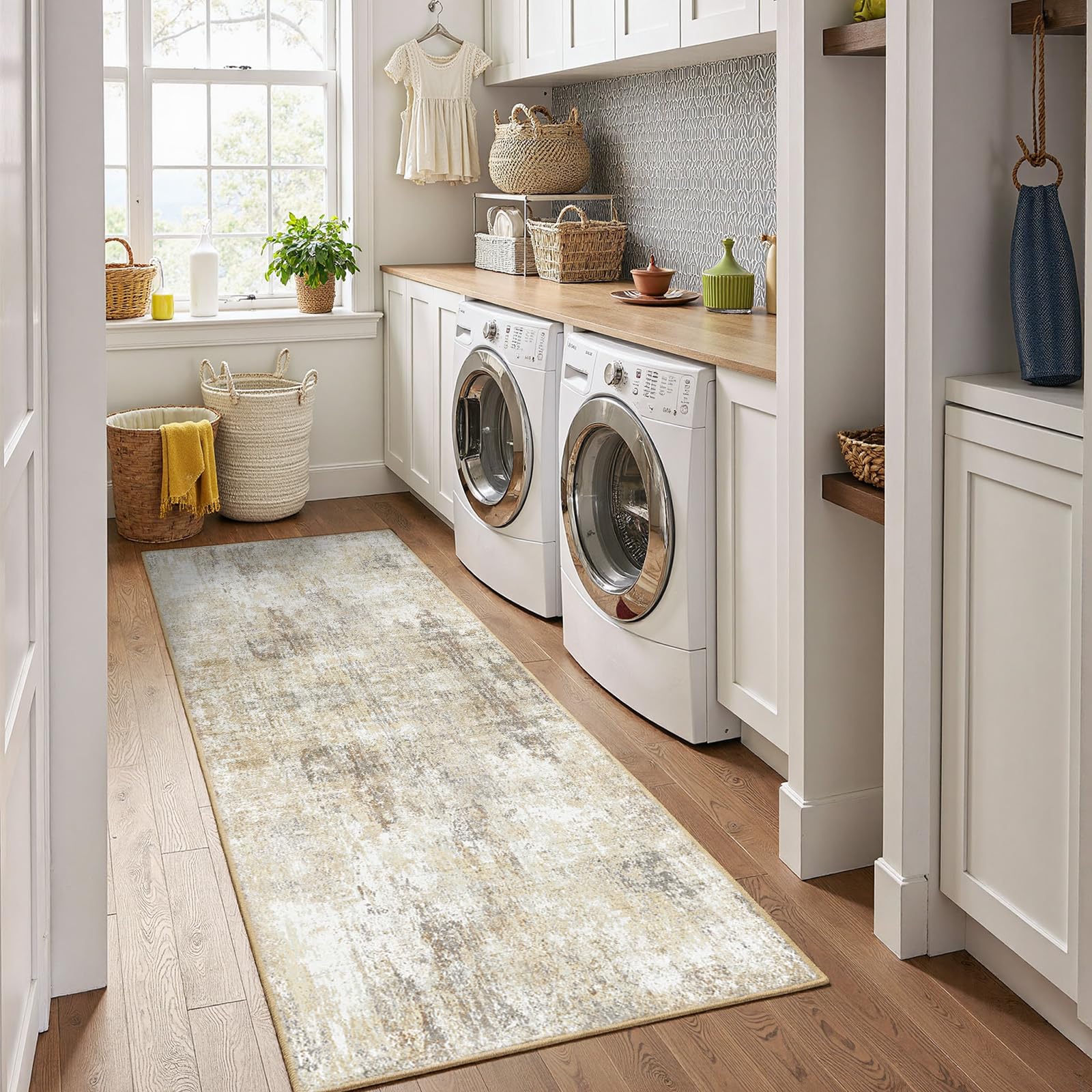RELEANY Washable Runner 2'x6' Abstract Area Rug for Hallway Neutral Brown