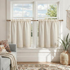 Boho Kitchen Cafe Curtain 24 Inch Length, 36 Inch Width, Single Panel Beige Linen Blend Embroidered Tier Curtain, Light Filtering for Small Window