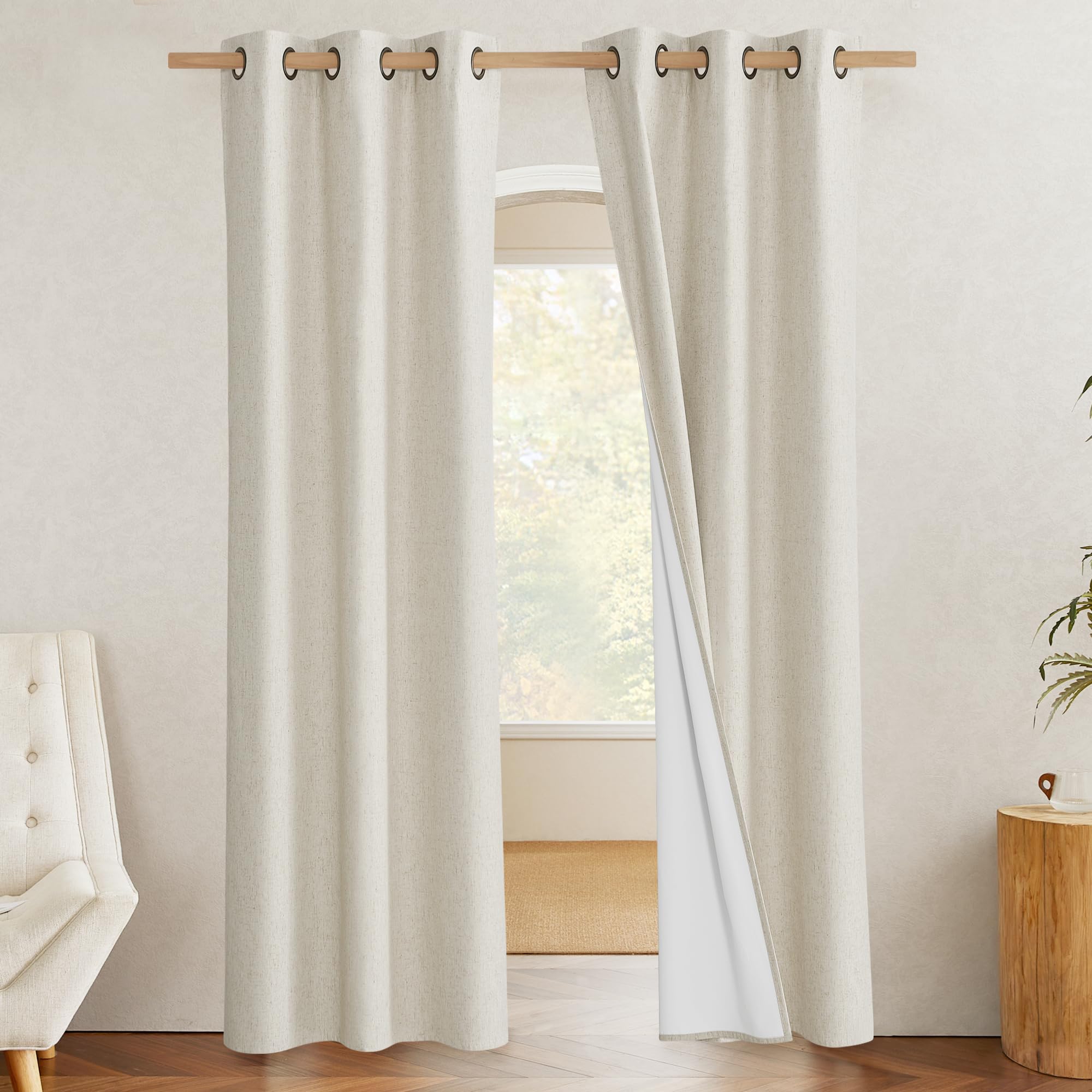 NICETOWN Natural Full Blackout Boho-Chic Linen Curtains 90 inch Long 2 Panels Set for Cafe Window, 34 inch Wide, Thick Linen Blend Drapes, Insulated Window Covers Draperies with White Backing