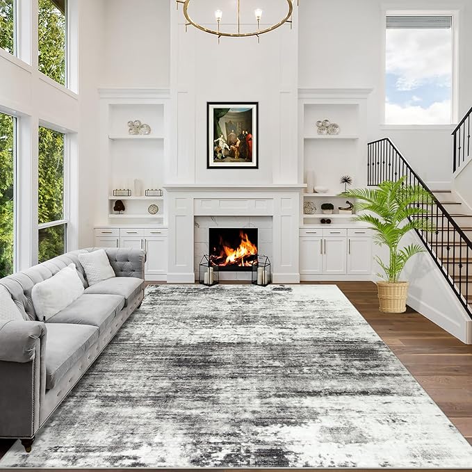 9x12 Area Rugs for Living Room: Washable Abstract Black Grey Badroom Carpet