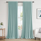 Guken Light Blue 100% Blackout Linen Curtains 100 Inch Length 2 Panels Set for Living Room Back Tab Thermal Insulated Black Out Drapes Room Darkening Farmhouse Style for Bedroom Window Curtains