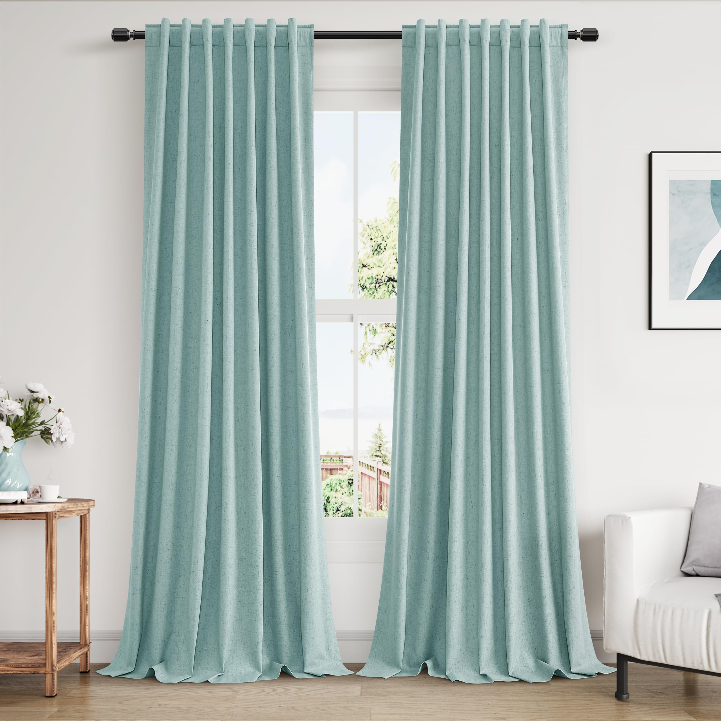 Guken Light Blue 100% Blackout Linen Curtains 108 Inch Length 2 Panels Set for Living Room Bedroom Back Tab/Rod Pocket Thermal Insulated Black Out Drapes Room Darkening Farmhouse Window Curtains