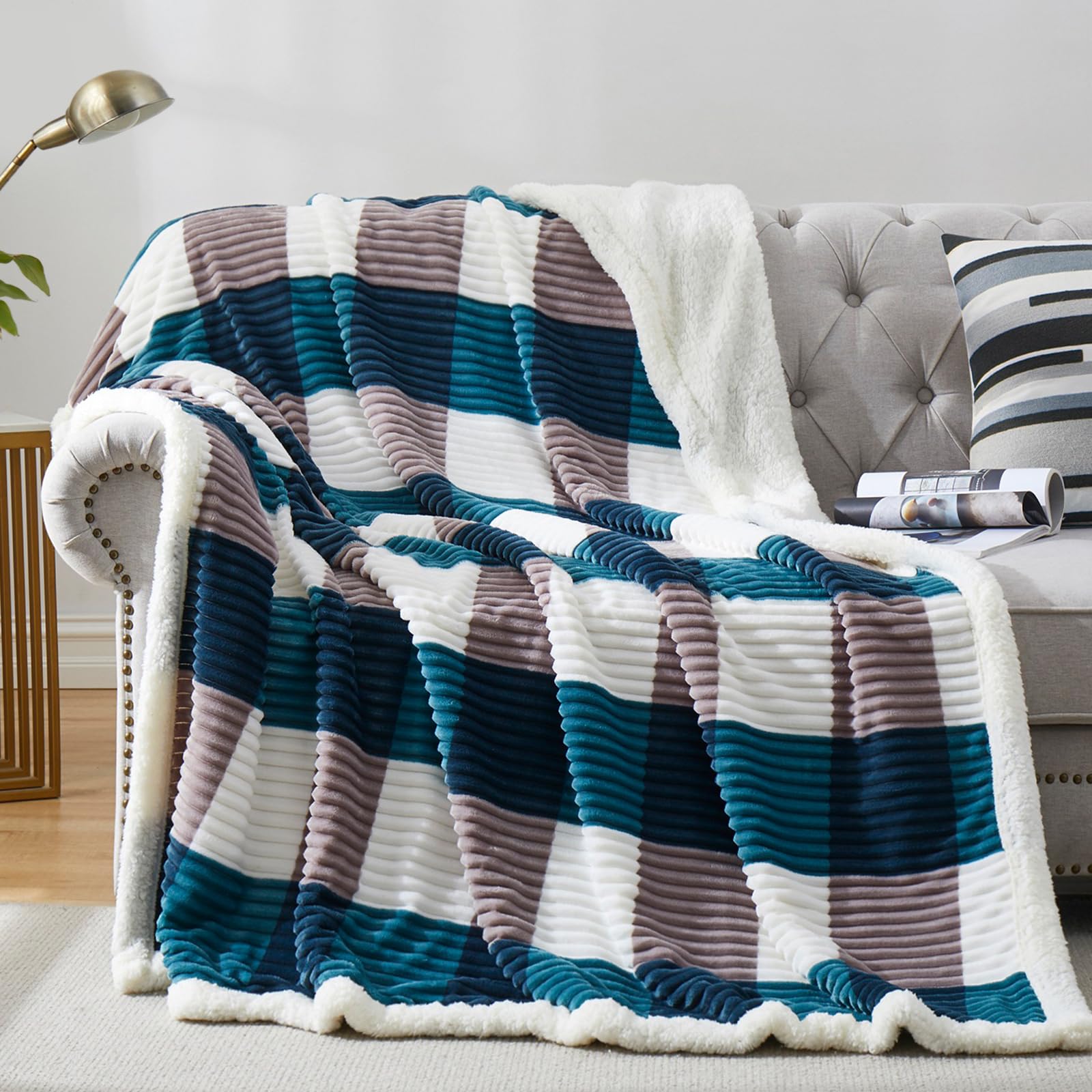 PU MEI Sherpa Blanket Queen Plaid Thick Bed Blanket, 80”*90” Super Soft Flannel Fuzzy Fleece Reversible Velvet Plush Warm Blanket for Couch (Blue White Check)