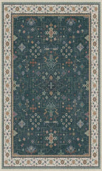 Dark Green Oushak 3x5 Large Entryway Rug - Modern Vintage Boho Eclectic Floral Pastel, Washable Low Pile Non-Slip Area Rugs for Door Mat Indoor Entrance, Kitchen, Bedroom Beside Bed, Laundry