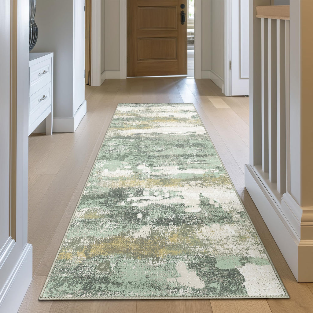 BEIMO 3x8 Green Abstract Runner Rug, Washable Non-Slip for Hallway