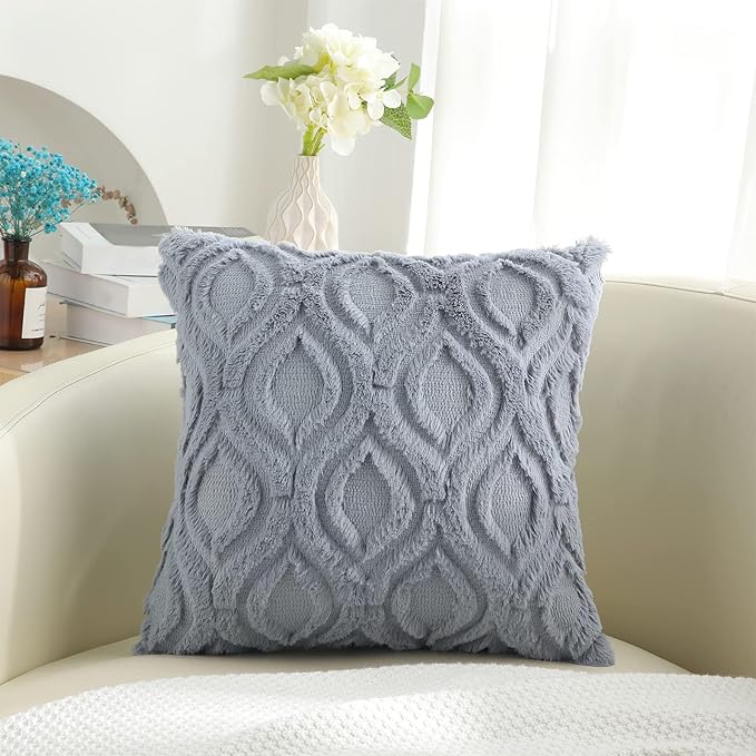 decorUhome Faux Fur Plush Soft Blue Grey Throw Pillow Covers 16x16 Set of 2