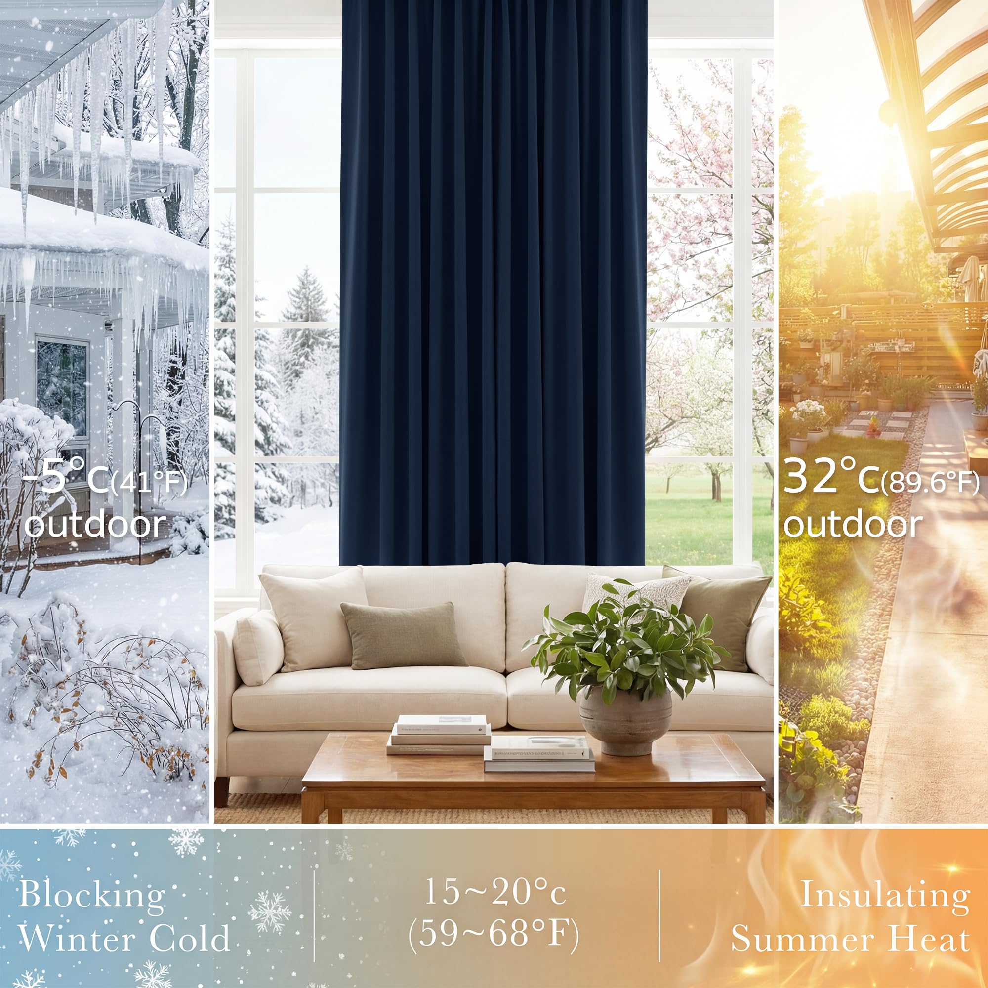 PONY DANCE Blackout Window Curtains - Double Panels Back Tab & Rod Pocket Thermal Insulated Short Drapes for Kitchen Bedroom, 52 Wide x 45 Long Per Panel, Navy Blue, 2 Pieces