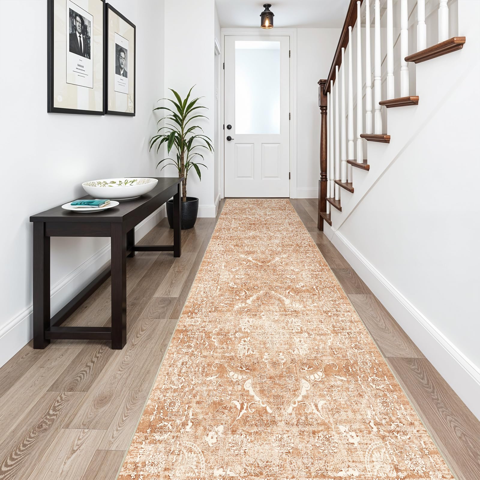 2'6"x14 Washable Long Runner Rug: Vintage Non Slip Hallway Rug Brick