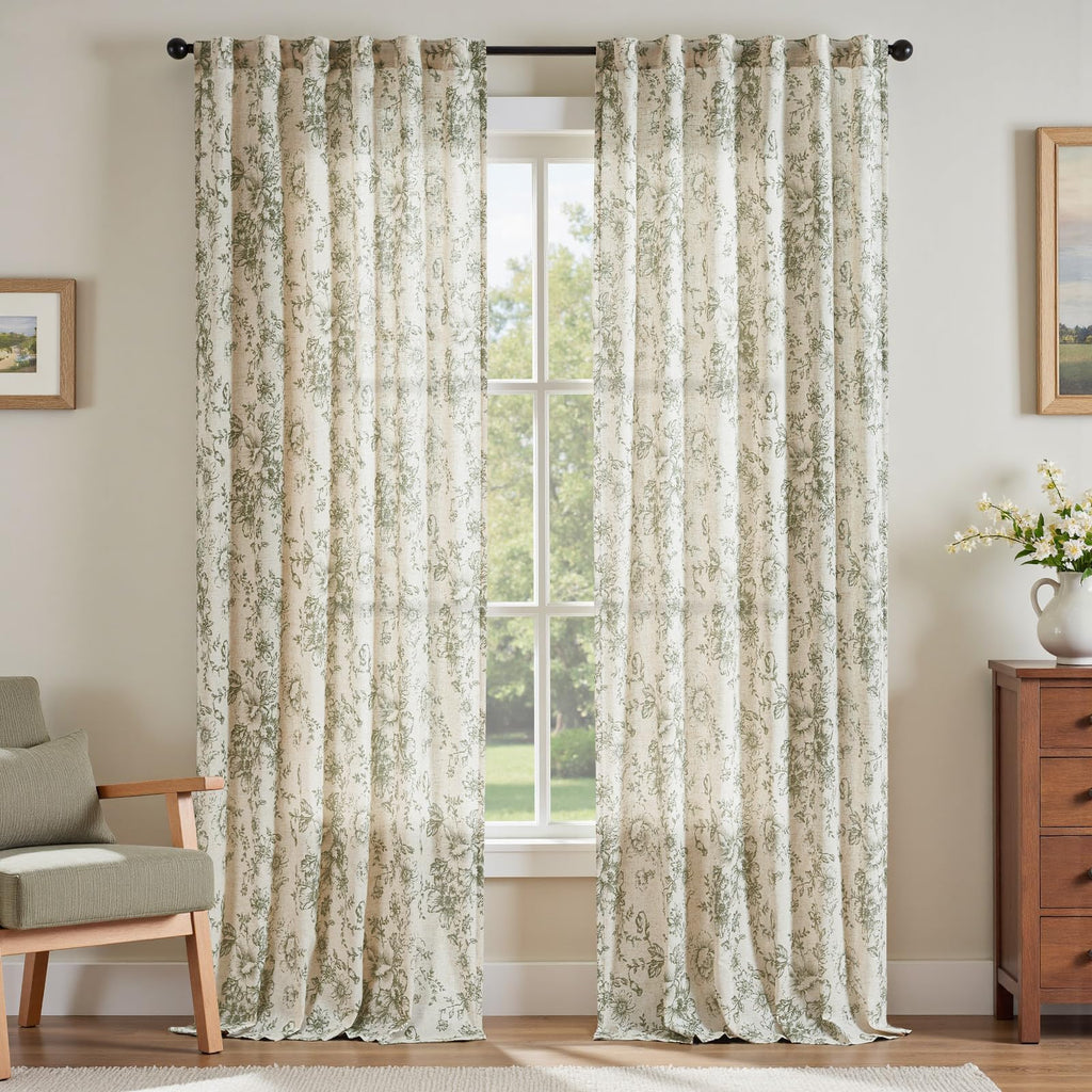 jinchan Vintage Floral Linen Curtains 96 Long for Living Room 2 Panels