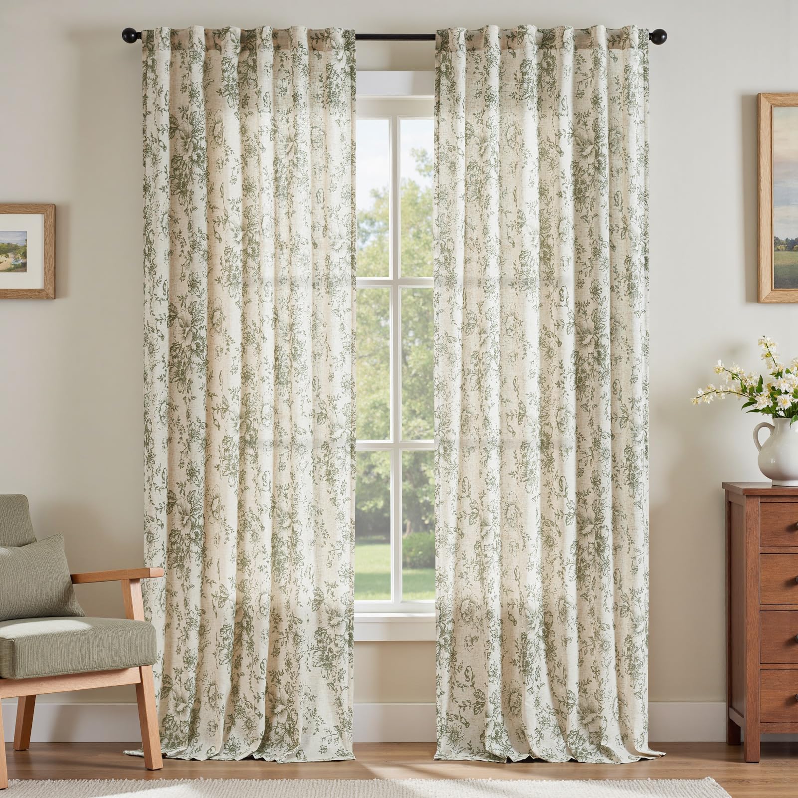 jinchan Vintage Floral Linen Curtains 96 Long for Living Room 2 Panels