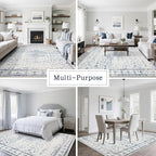 Washable Rugs 8x10 Area Rugs for Living Room,Rugs for Bedroom,Large Carpets,Ultra Soft Faux Wool Retro Dining Room Rug,Non Slip&Non-Shedding Low Pile Vintage Print Rug for Home Office-Blue