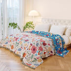 MSGKV Boho Throw Blanket for Bed Twin Size 100% Cotton Floral Blanket 60"x80" for Sofa Couch Muslin Spring Breathable All Seasons Lightweight Farmhouse Blankets Home Decor