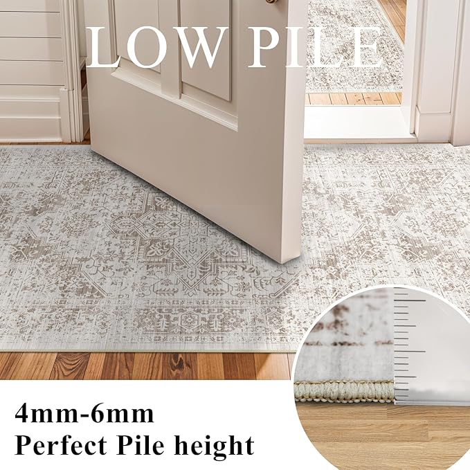 Washable 2'6''x14' Runner Rug - Non-Slip Vintage Runner Rug for Entryway Low-Pile Medallion Long Rugs for Hallway Waterproof Traditional Runner Rugs Indoor Thin Rug for Kitchen (Cream/Beige)