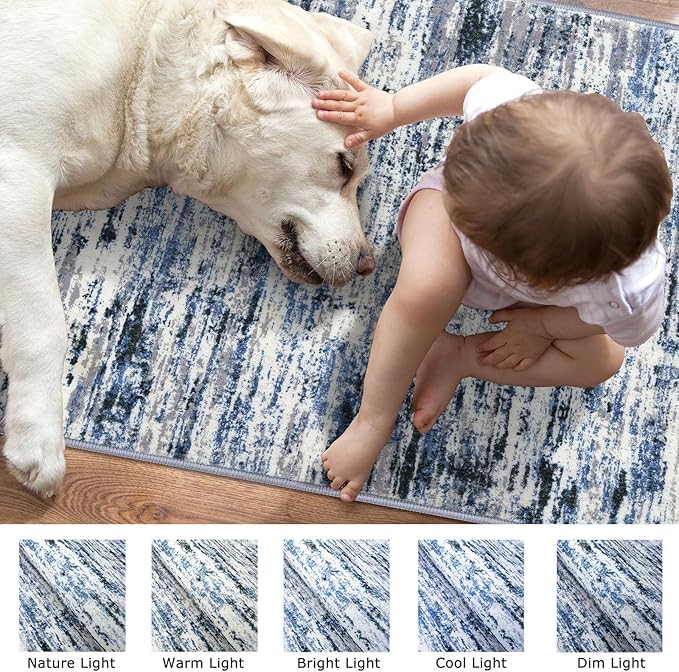 Lansny Modern Abstract Runner Rug 2.6x8, Grey Blue White Washable Kitchen Runner Non-Slip Soft Hallway Rug Runner Thin Print Faux Wool Carpet for Entryway Bedroom Laundry Room Indoor Home Decor