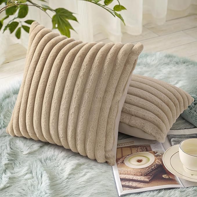 decorUhome Fall Faux Fur Throw Pillow Covers 22x22 Set of 2 Khaki Brown