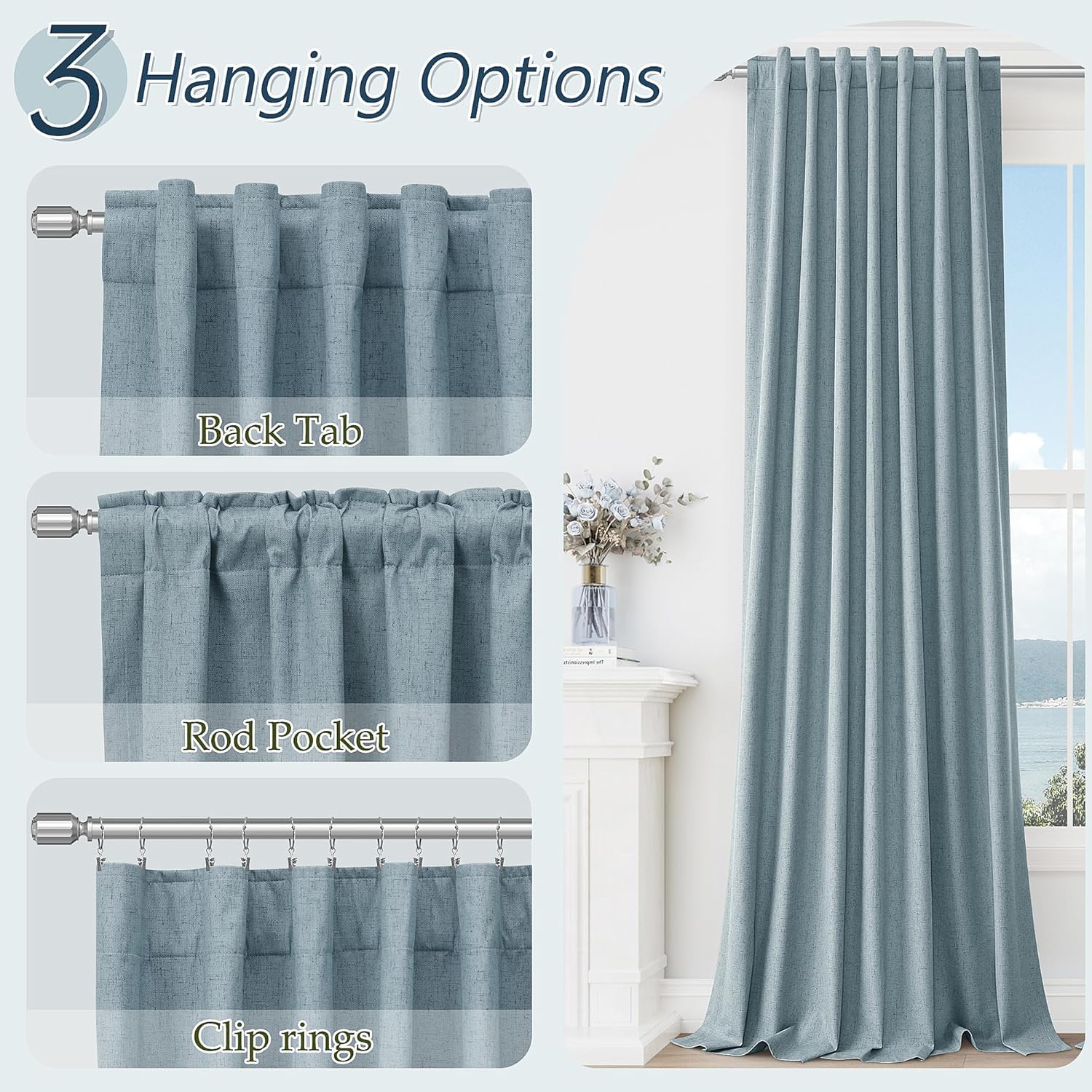 Guken Blue 100% Blackout Curtains 92 Inch Length 2 Panels Set for Living Room Bedroom Back Tab Thermal Insulated Black Out Linen Drapes Room Darkening Window Curtains 92 Inches Long Dusty Blue