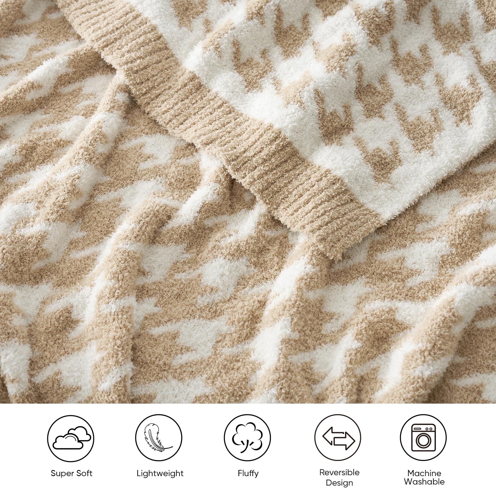 Snuggle Sac Throw Blanket for Couch, Reversible Super Soft Warm Blankets Cozy Knit Fuzzy Plush Lightweight Throws for Sofa, Bed, Camping,Houndstooth Beige,50x60 inches
