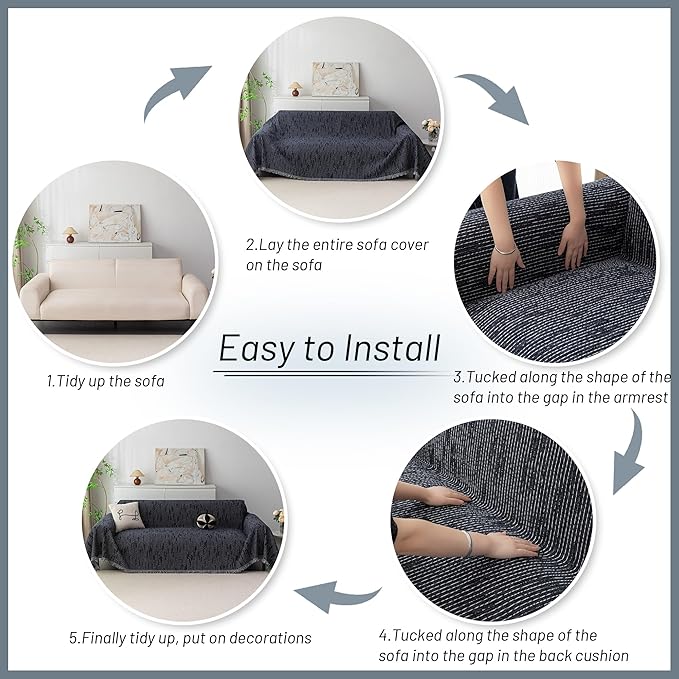 MYSKY HOME Couch Covers for 3 Cushion Couch Sofa, Sectional Couch Cover L Shape Chenille Couch Cushion Covers for Pets, Furniture Protector Cover for Dogs, Kids, 91"X150", Navy